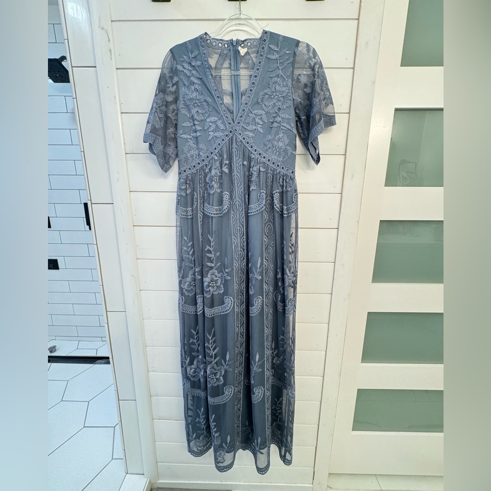 PinkBlush Blue Lace Mesh Overlay Maxi Dress, size small